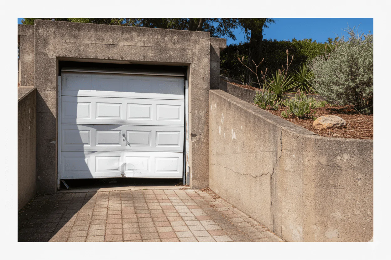 Broken White Garage Door with a gateway